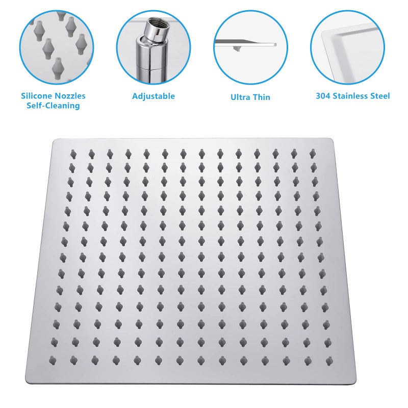 Lordear 12 Inch Square Shower Head Polish Chrome Solid Ultra Thin 304 Stainless Steel Rain Setting Shower Heads,Waterfall Full Body Coverage with 144 Silicone Nozzles - Image 3